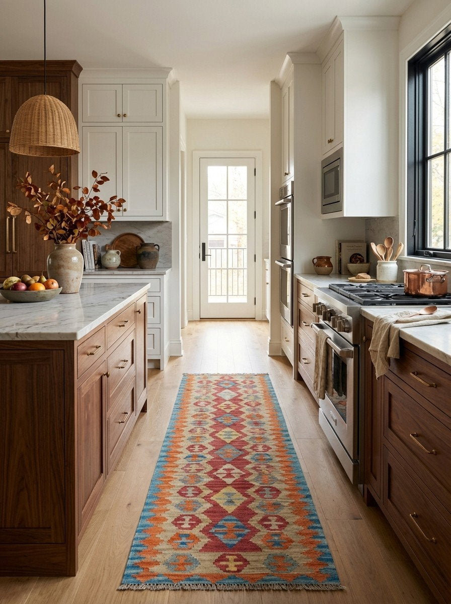 Kelim Gashgai — Handgefertigt, 251x60 cm, Beige, 100% Virgin Wool | Back view