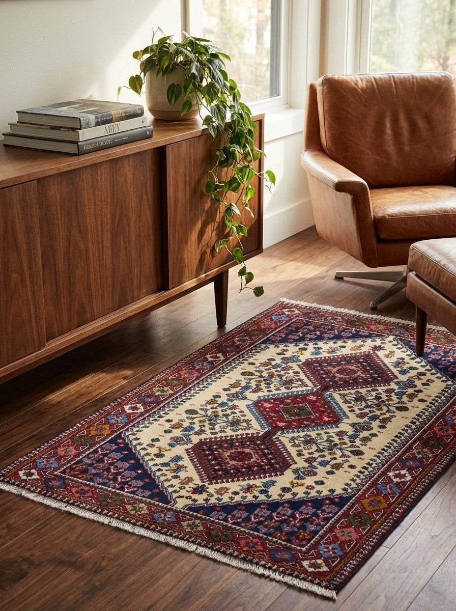 Yalameh — Hand-knotted, 113x155 cm, Beige, 100% Virgin Wool | Back view