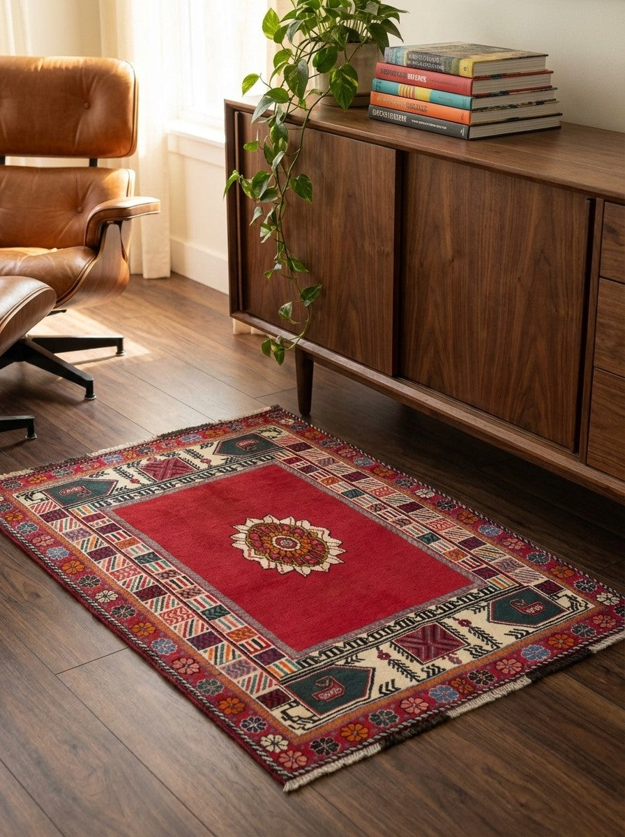 Gashgai — Hand-knotted, 108x159 cm, Red, 100% Virgin Wool | Back view