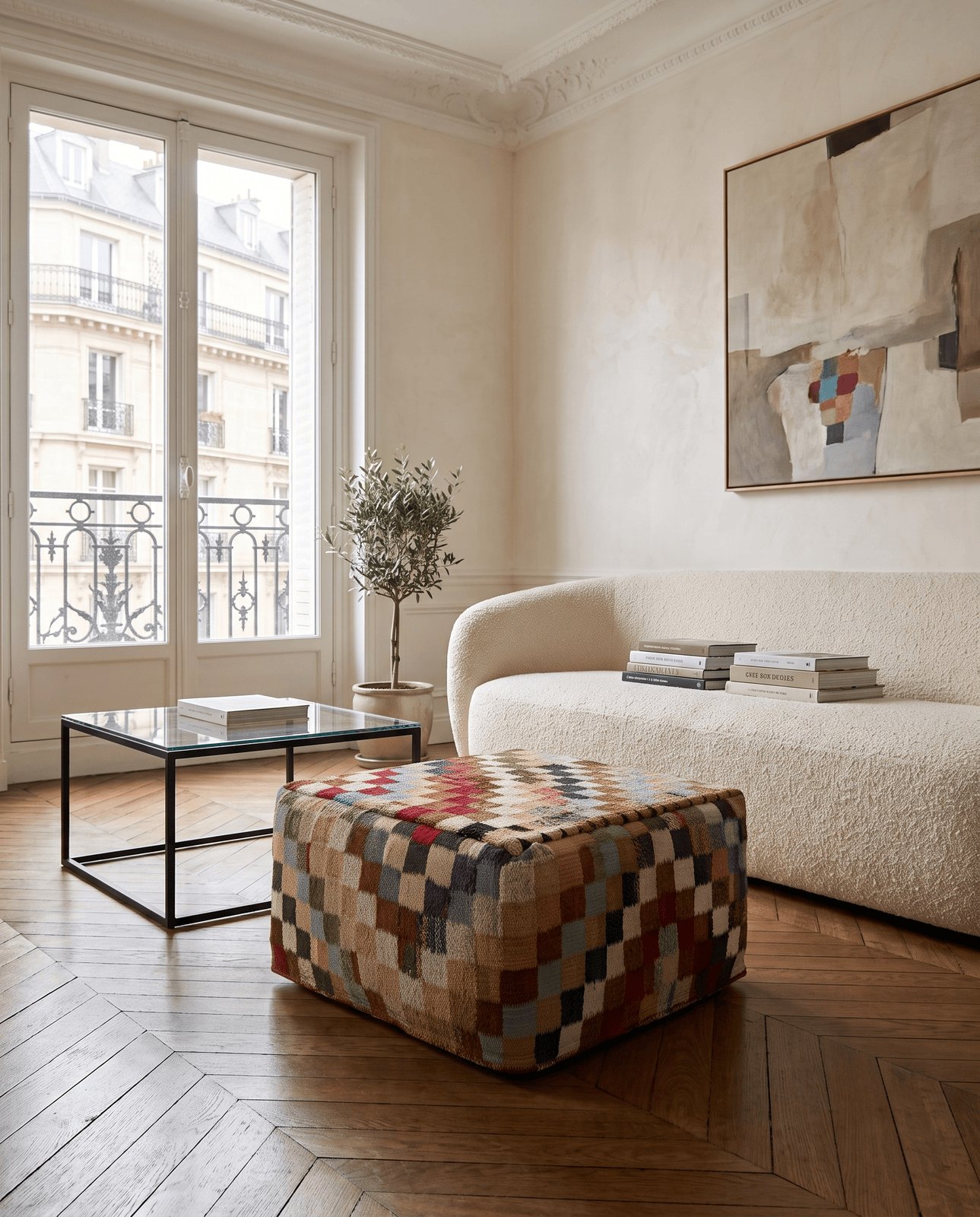 Kelim Pouf — Handmade, 65x65 cm, Multicolor, 100% Virgin Wool | Detail view
