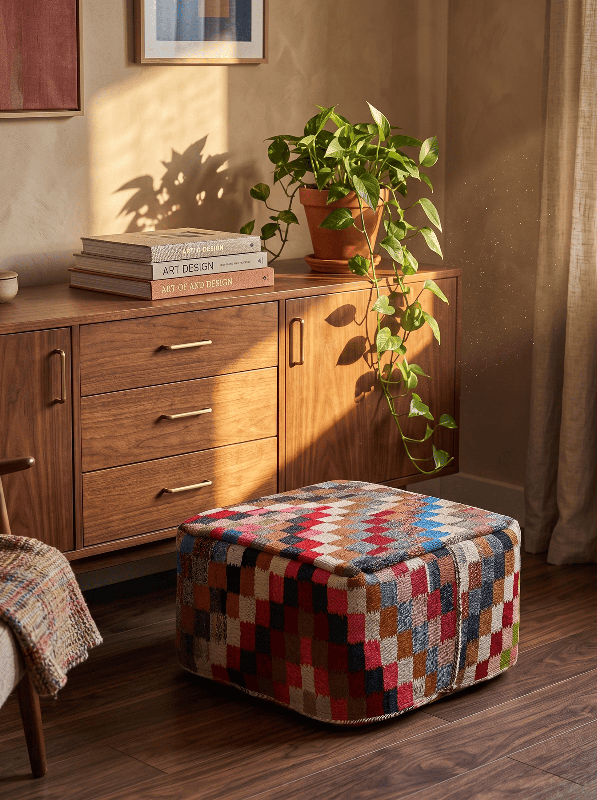 Kelim Pouf — Handmade, 65x65 cm, Multicolor, 100% Virgin Wool | Back view