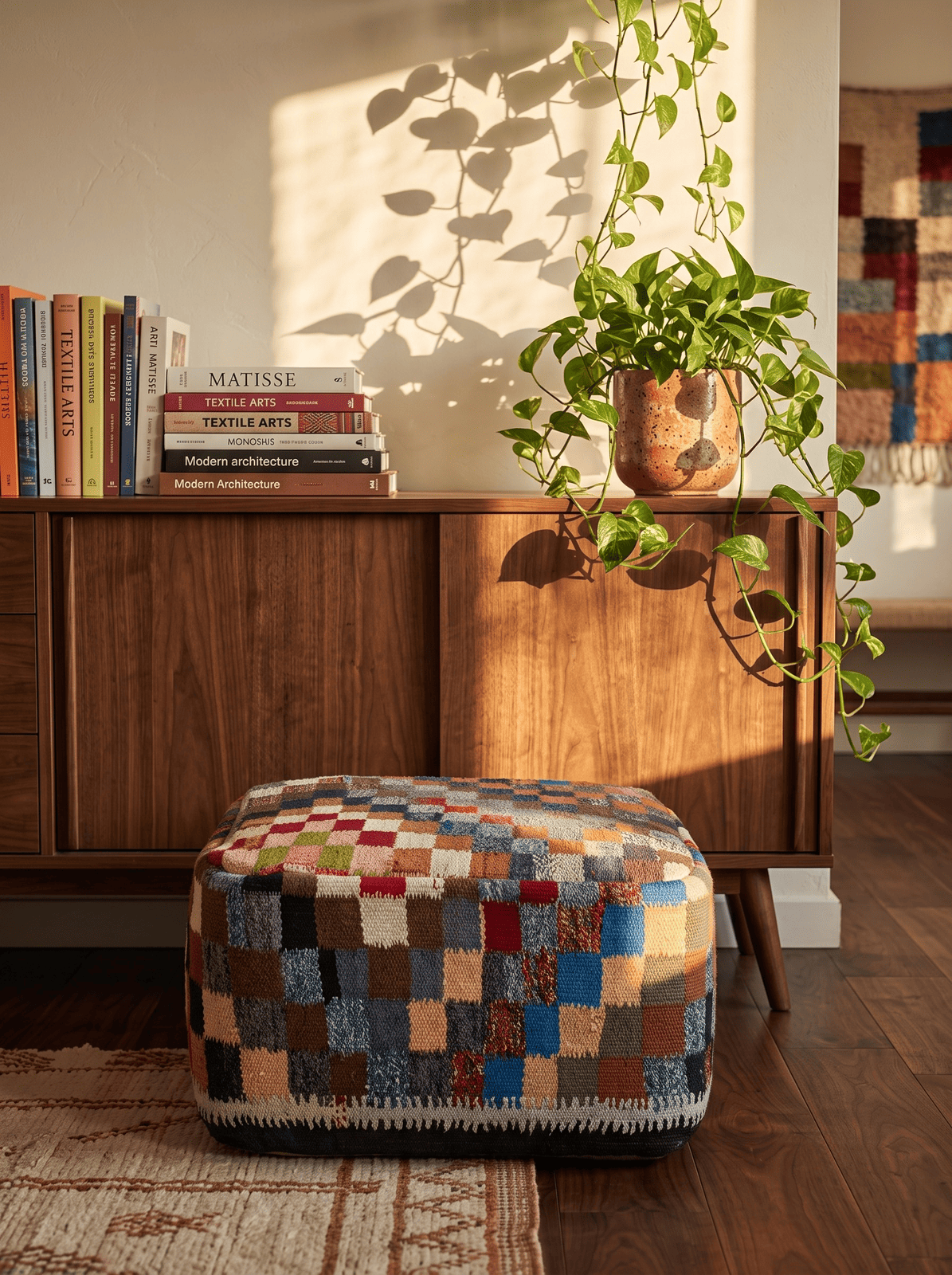 Kelim Pouf — Handmade, 65x65 cm, Multicolor, 100% Virgin Wool | Back view