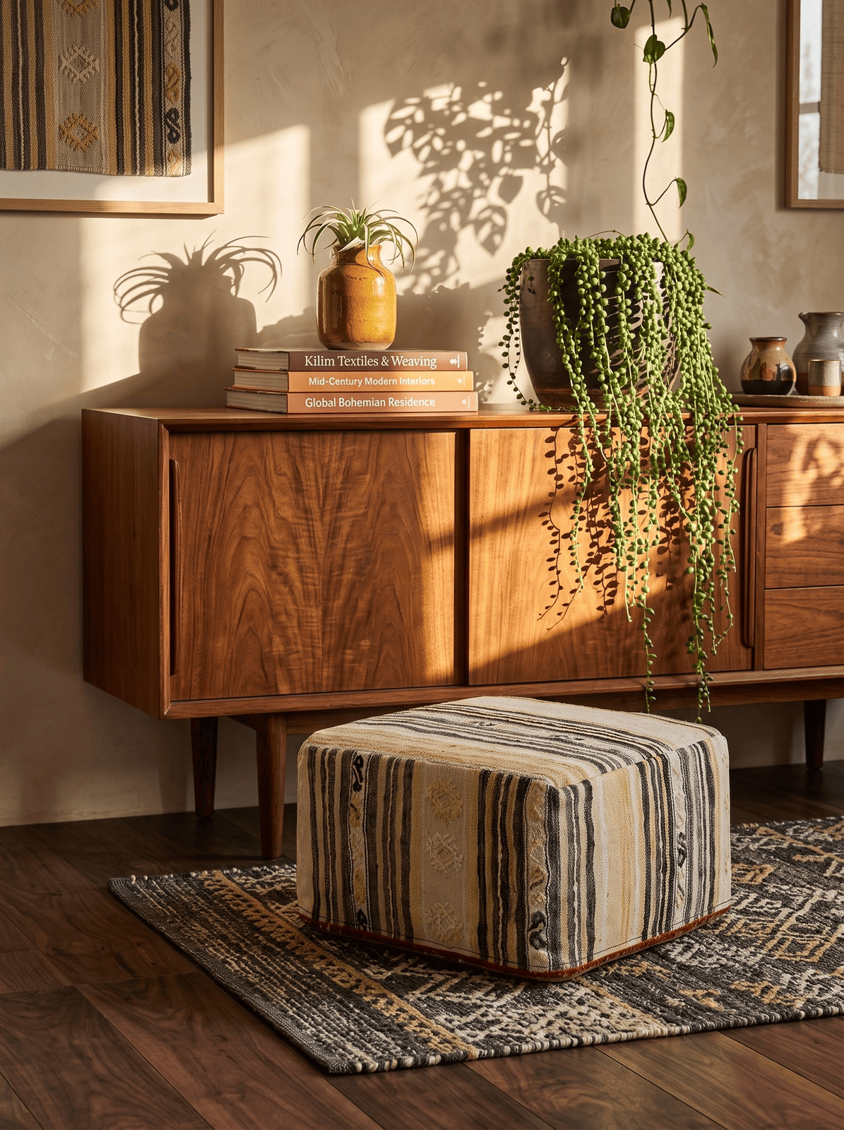 Kelim Pouf — Handmade, 65x65 cm, Multicolor, 100% Virgin Wool | Back view