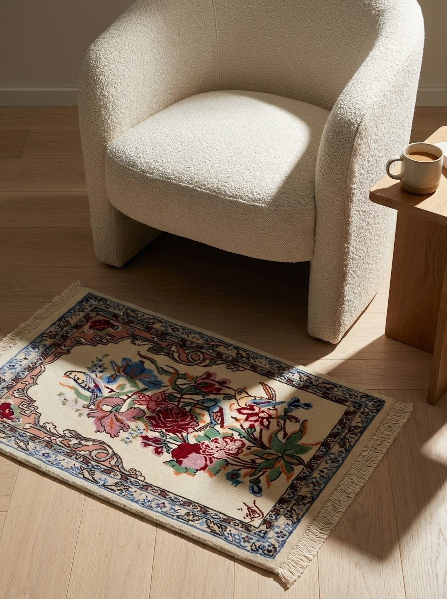 Isfahan — Hand-knotted, 39x55 cm, Beige, 100% Virgin Wool | Detail view