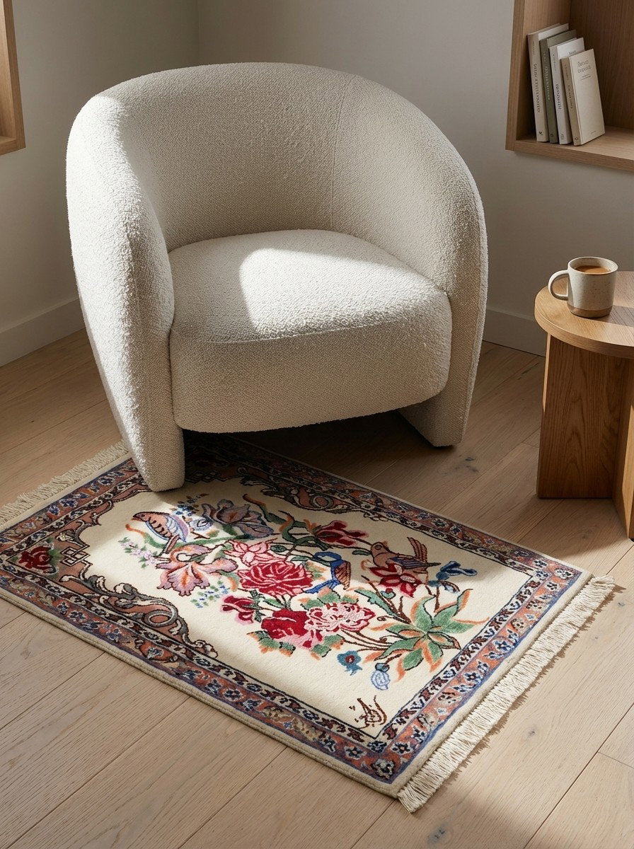 Isfahan — Handgefertigt, 52x38 cm, Beige, 100% Virgin Wool | Detail view