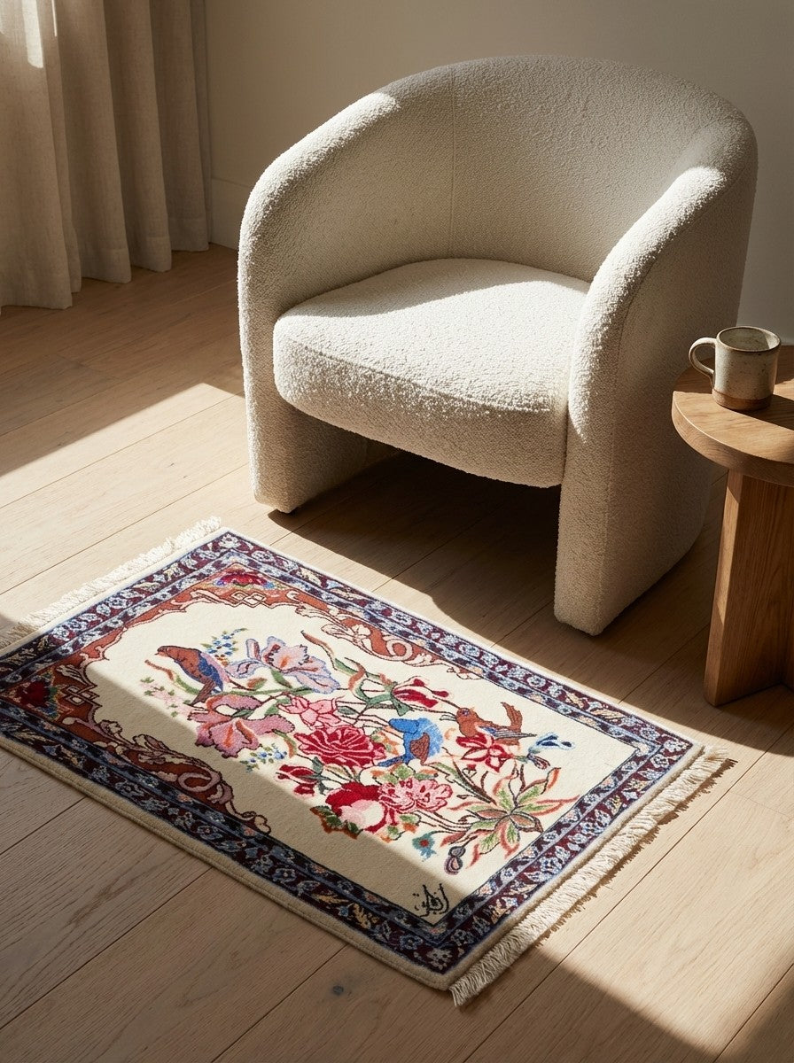 Isfahan — Hand-knotted, 39x52 cm, Beige, 100% Virgin Wool | Detail view