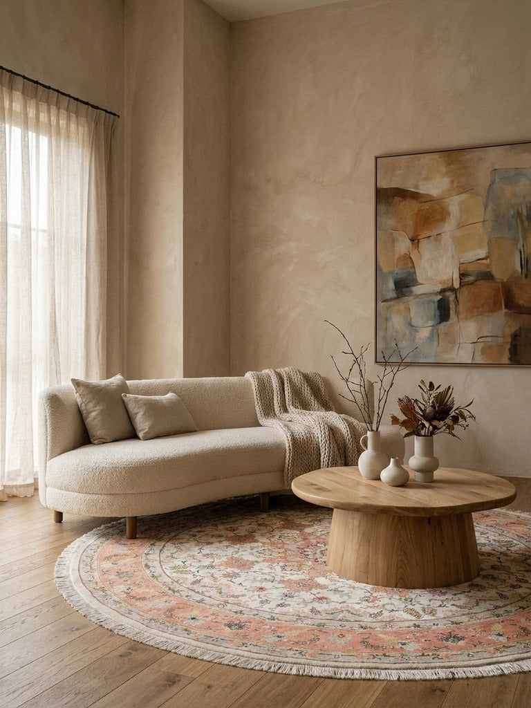 Tabriz Round — Hand-knotted, 200x200 cm, Beige, 70% Schurwolle, 30% Seide | Back view