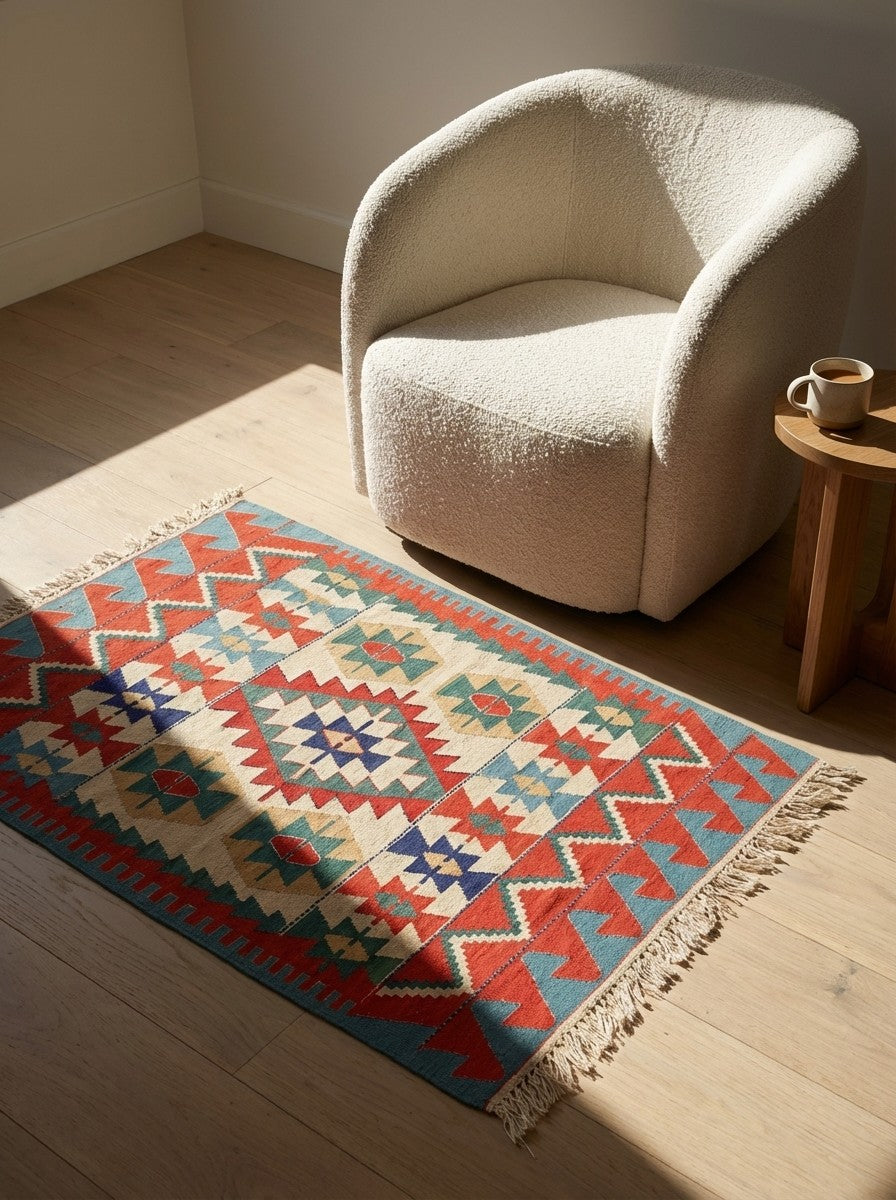 Kelim — Handmade, 113x156 cm, Multicolor, 100% Virgin Wool | Detail view
