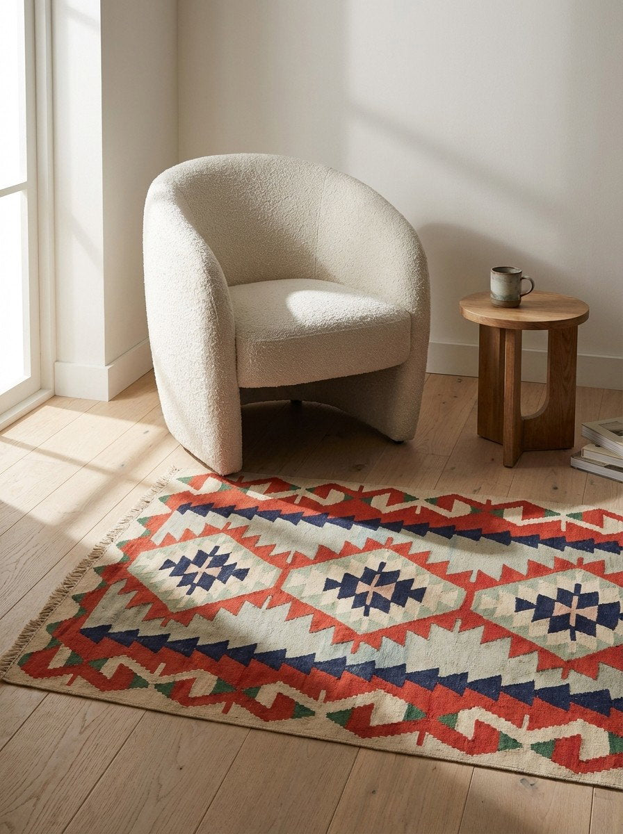 Kelim — Handgefertigt, 157x114 cm, Beige, 100% Virgin Wool | Detail view