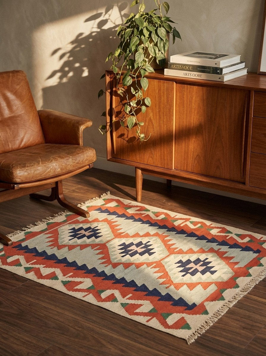 Kelim — Handgefertigt, 157x114 cm, Beige, 100% Virgin Wool | Back view