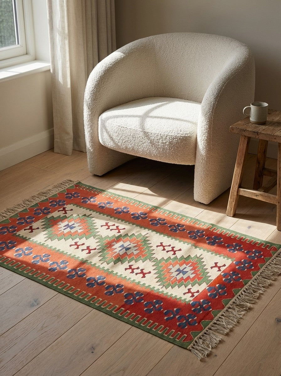 Kelim — Handmade, 113x164 cm, Beige, 100% Virgin Wool | Detail view