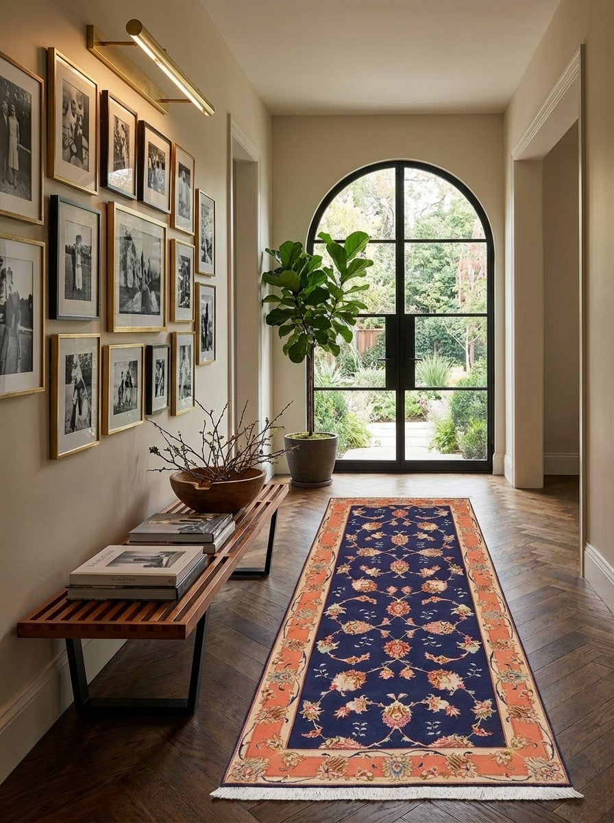 Tabriz 50 Raj — Hand-knotted, 76x200 cm, Blue, 95% Schurwolle, 5% Seide | Detail view