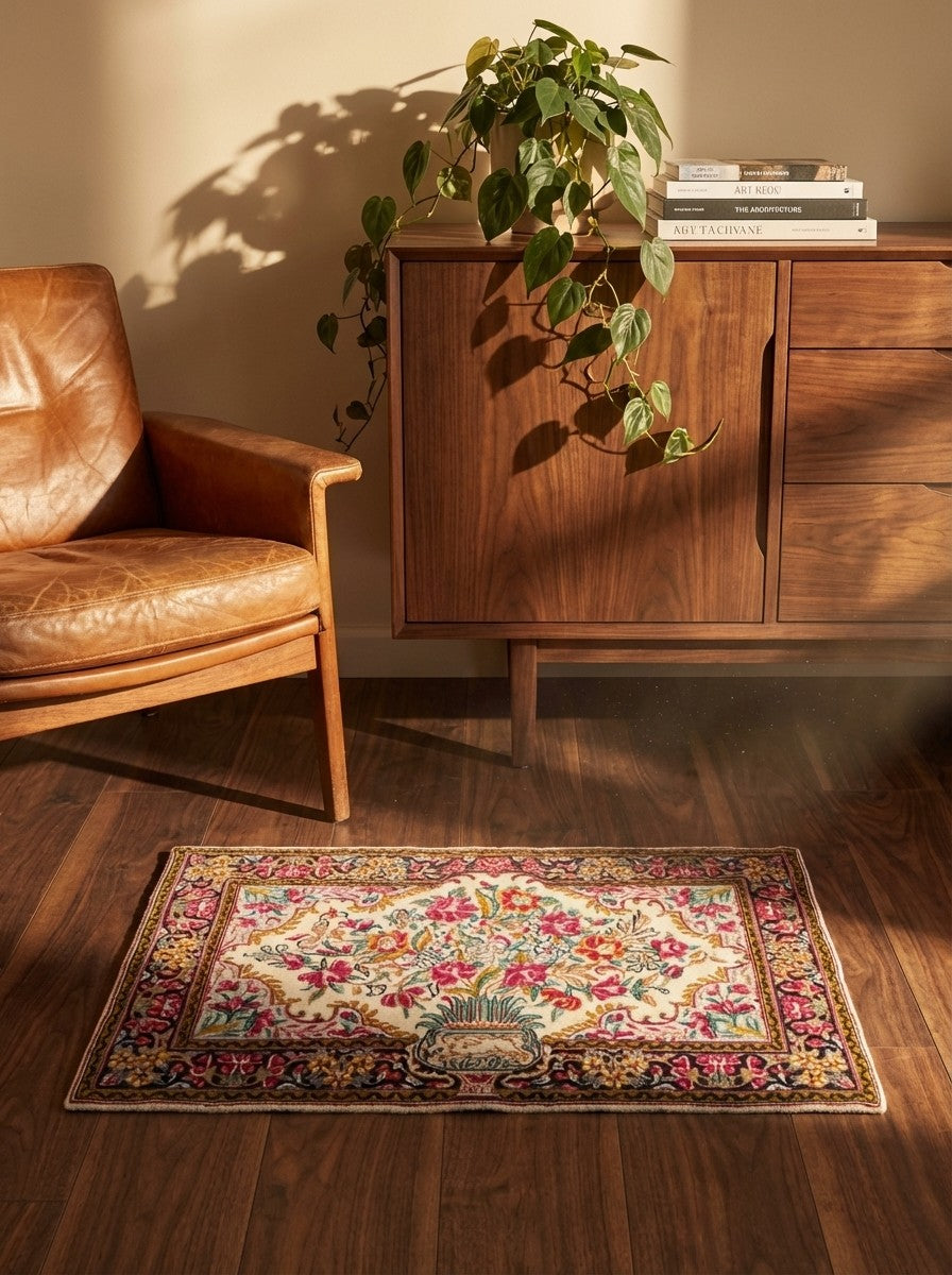Kirman — Hand-knotted, 89x57 cm, Beige, 100% Virgin Wool | Back view