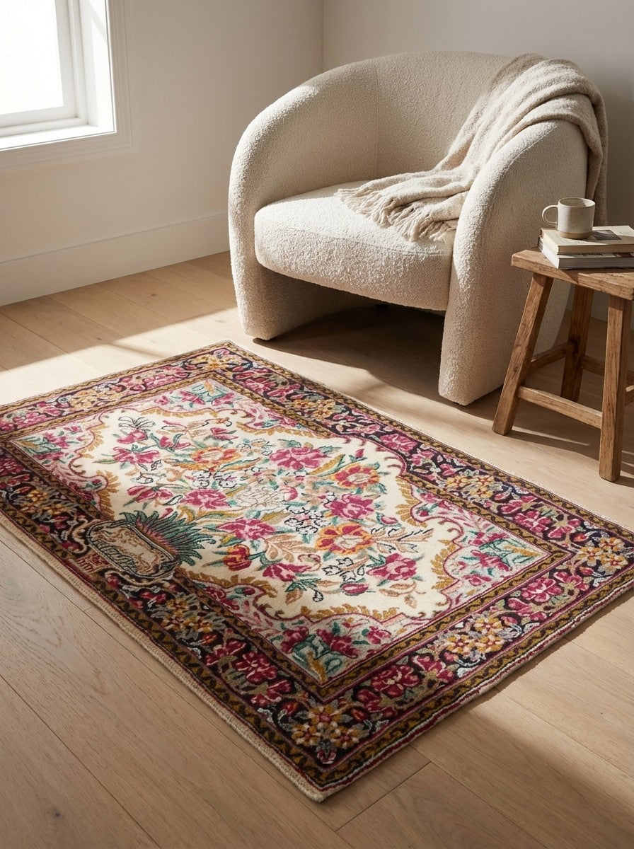 Kirman — Hand-knotted, 89x58 cm, Beige, 100% Virgin Wool | Detail view