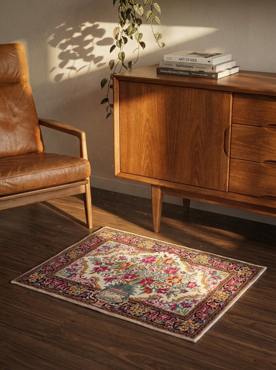 Kirman — Hand-knotted, 88x58 cm, Beige, 100% Virgin Wool | Back view