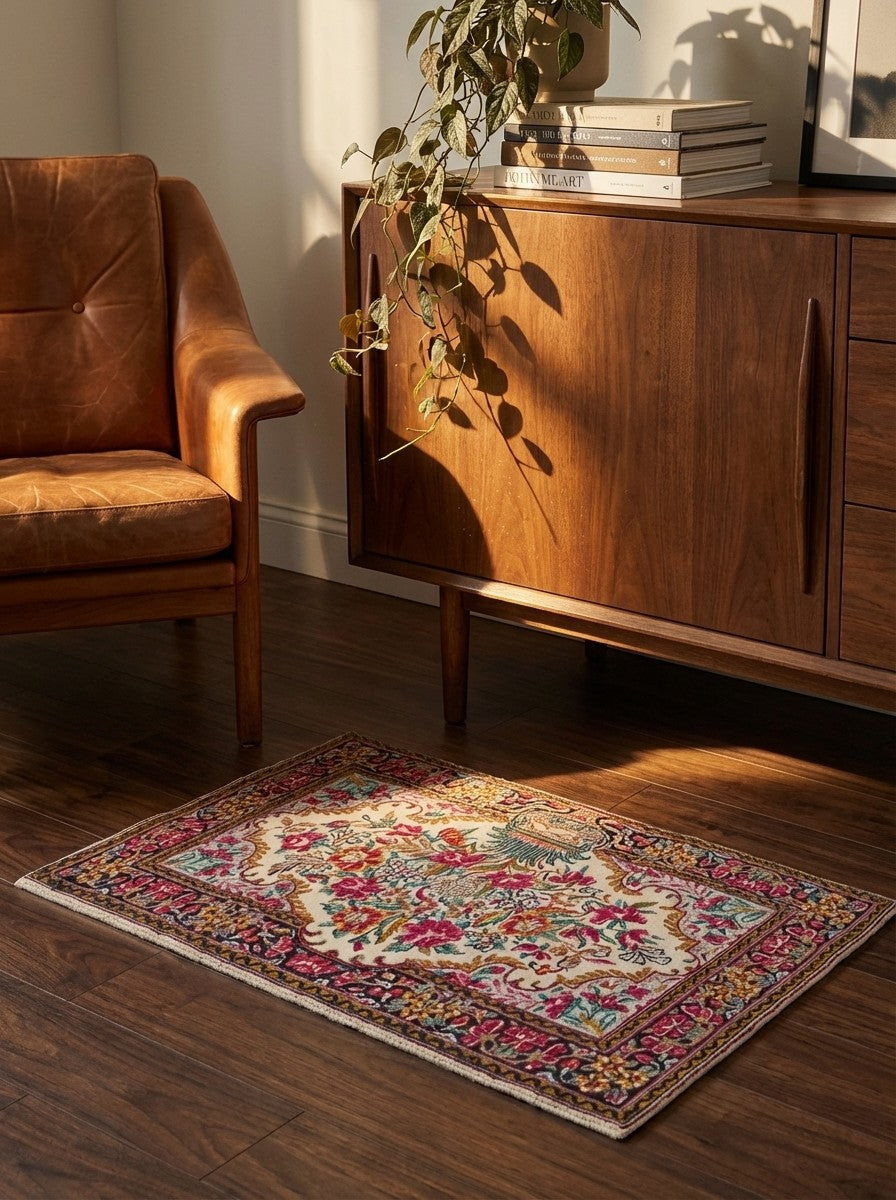 Kirman — Hand-knotted, 88x57 cm, Beige, 100% Virgin Wool | Back view