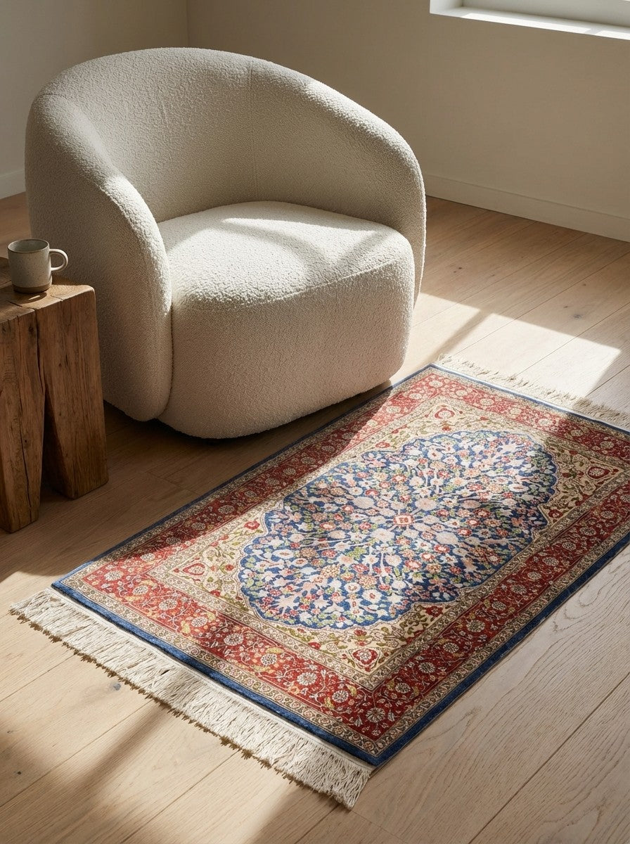Hereke-Seide — Hand-knotted, 67x104 cm, Blue, 100% Silk | Detail view