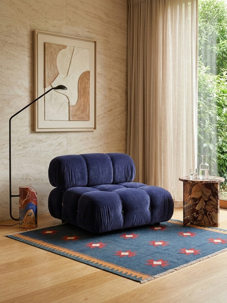 Kelim Gashgai — Handmade, 126x129 cm, Blue, 100% Virgin Wool | Detail view