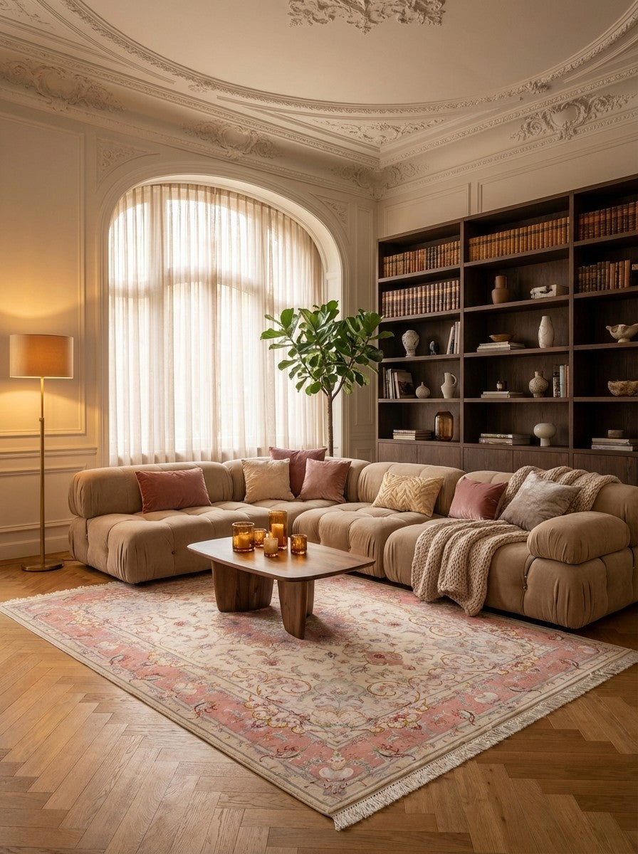 Tabriz 50 Raj — Hand-knotted, 150x208 cm, Beige, 90% Schurwolle, 10% Seide | Back view