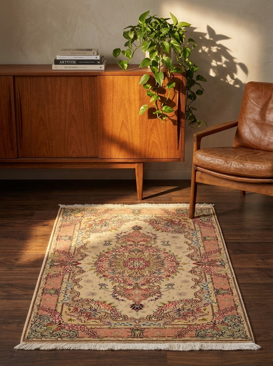 Tabriz 50 Raj — Hand-knotted, 77x131 cm, Beige, 70% Schurwolle, 30% Seide | Back view