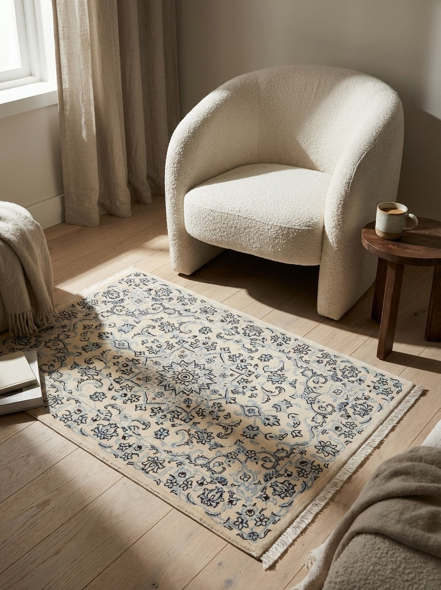 Nain 9La — Hand-knotted, 77x125 cm, Beige, 100% Virgin Wool | Detail view