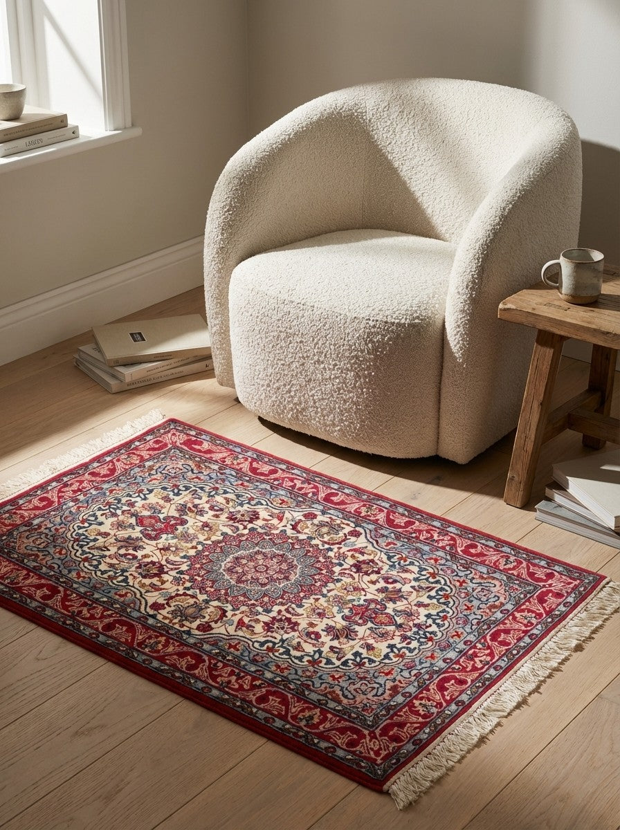 Isfahan — Hand-knotted, 71x113 cm, Beige, 90% Schurwolle, 10% Seide | Detail view