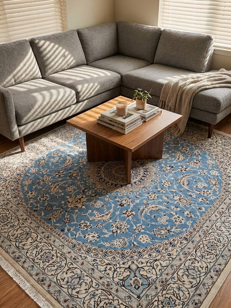 Nain 9La — Hand-knotted, 203x210 cm, Blue, 100% Virgin Wool | Back view