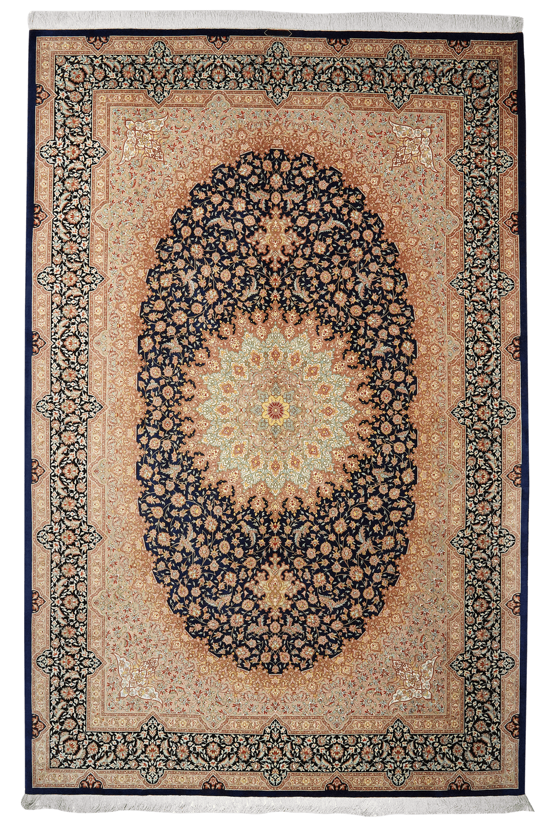 Ghoum Seide — Hand-knotted, 199x300 cm, Blue, 100% Silk | Main view
