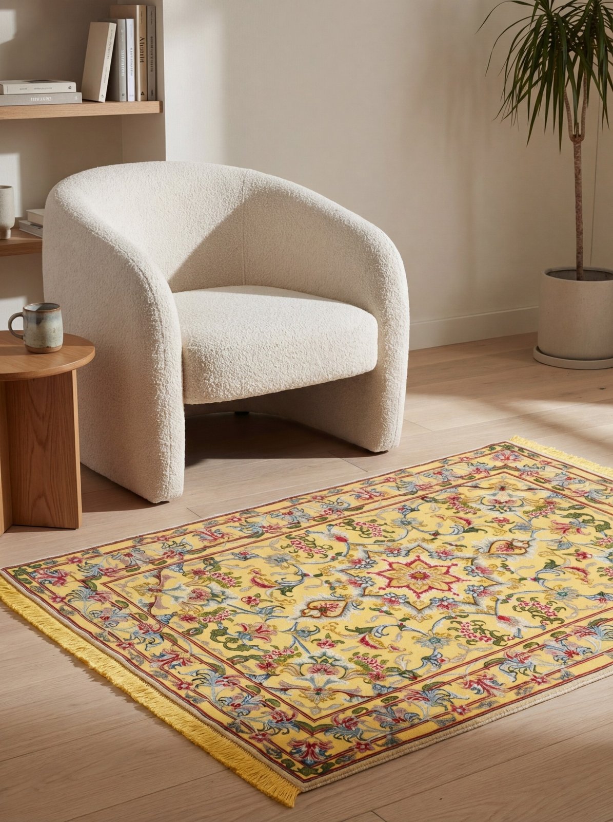 Tabriz 50 Raj — Hand-knotted, 99x148 cm, Yellow, 95% Schurwolle, 5% Seide | Detail view