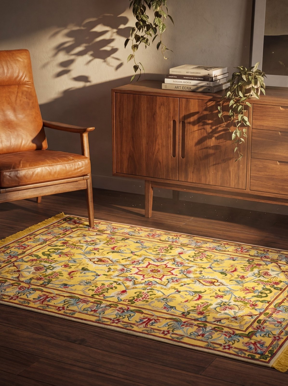 Tabriz 50 Raj — Hand-knotted, 99x148 cm, Yellow, 95% Schurwolle, 5% Seide | Back view