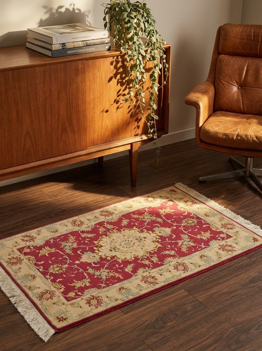 Tabriz 50 Raj — Hand-knotted, 67x111 cm, Red, 90% Schurwolle, 10% Seide | Back view