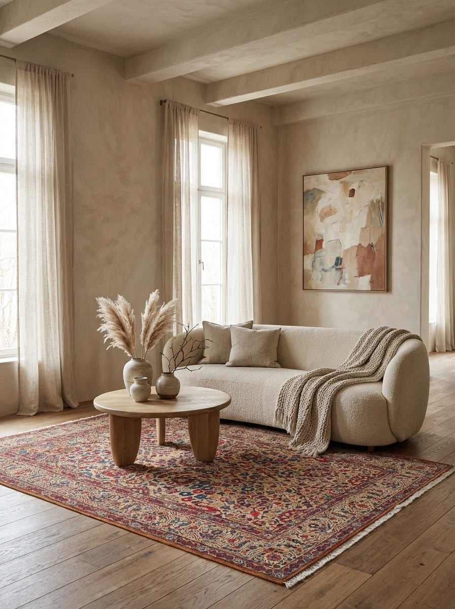 Kashan — Hand-knotted, 135x204 cm, Beige, 100% Virgin Wool | Detail view
