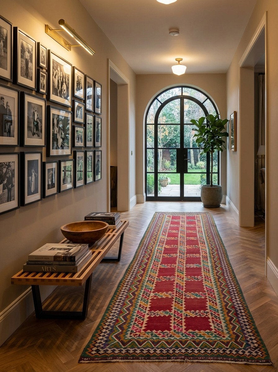 Kelim Gashgai Old — Handgefertigt, 427x121 cm, Bunt, 100% Virgin Wool | Detail view