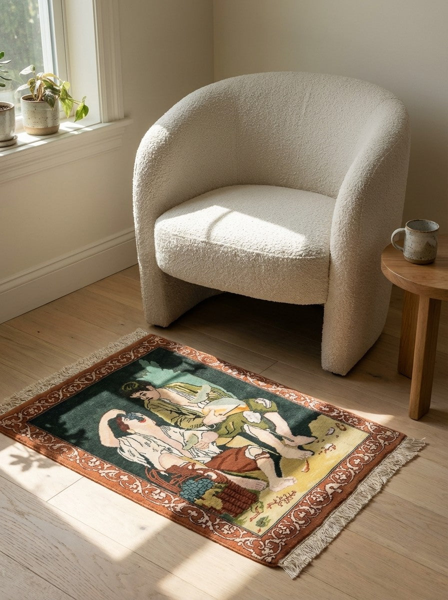 Tabriz Graphic — Hand-knotted, 52x66 cm, Green, 100% Virgin Wool | Detail view