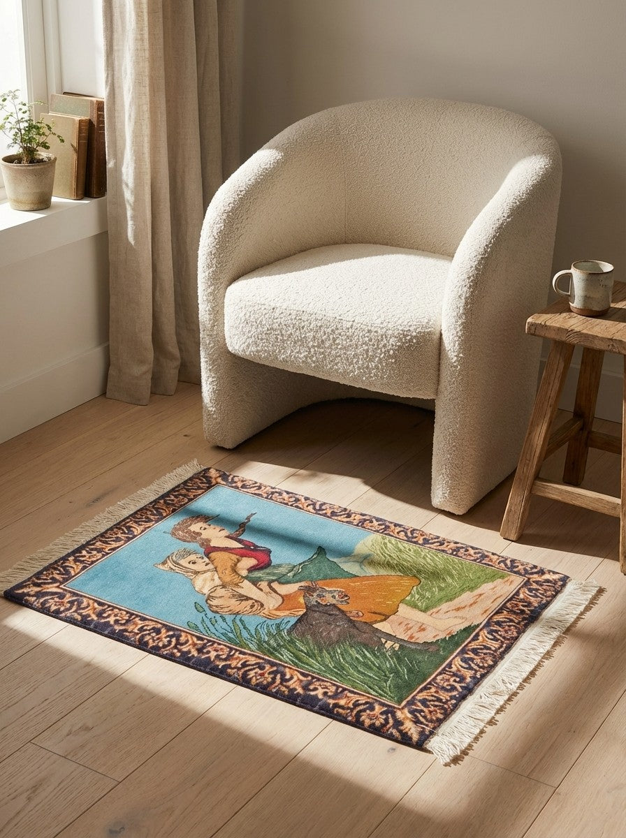 Tabriz Graphic — Hand-knotted, 55x66 cm, Blue, 100% Virgin Wool | Detail view