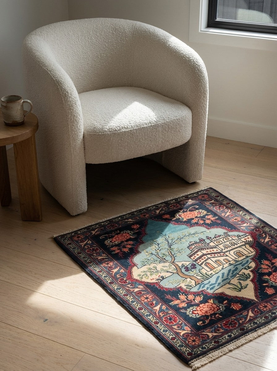 Kashan — Hand-knotted, 63x76 cm, Blue, 100% Virgin Wool | Detail view