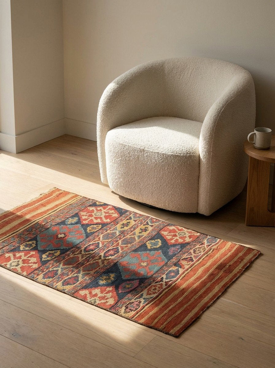 Kelim — Handgefertigt, 120x86 cm, Bunt, 100% Virgin Wool | Detail view