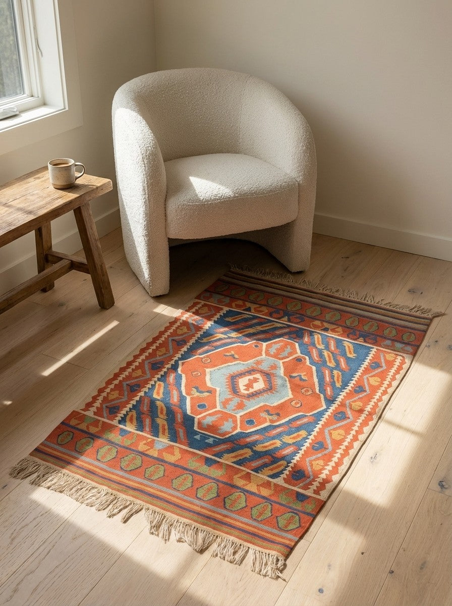 Kelim — Handmade, 117x167 cm, Blue, 100% Virgin Wool | Detail view