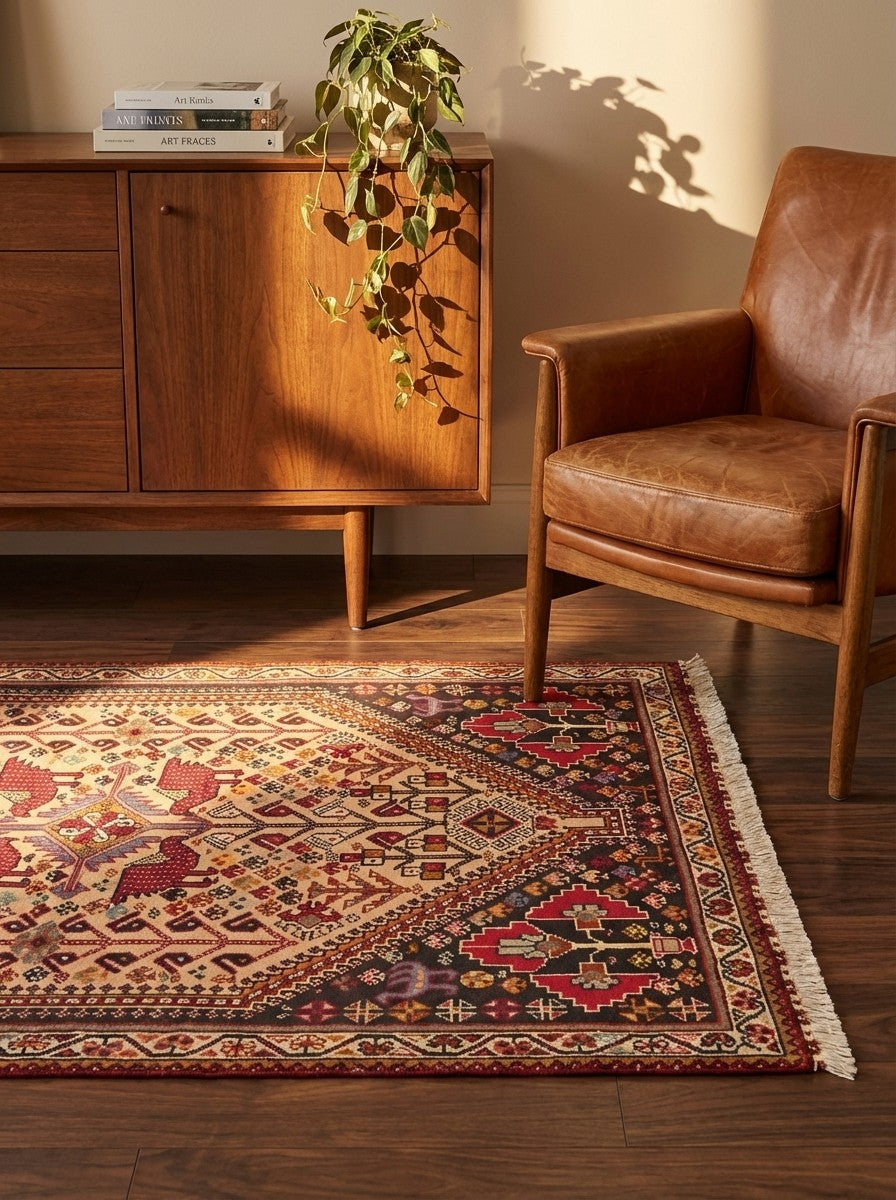 Gashgai — Hand-knotted, 105x152 cm, Beige, 100% Virgin Wool | Back view