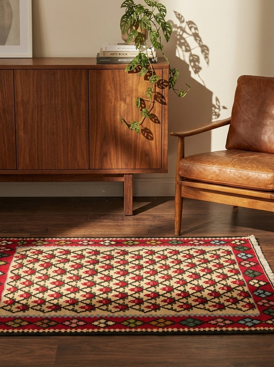 Kelim Senneh — Handmade, 59x83 cm, Beige, 100% Virgin Wool | Back view