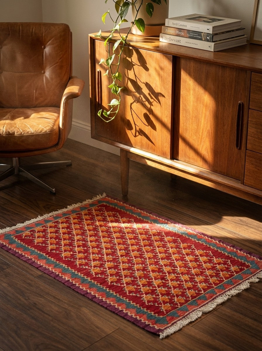 Kelim Senneh — Handmade, 62x86 cm, Red, 100% Virgin Wool | Back view