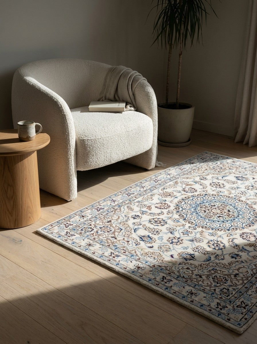 Nain 9La — Hand-knotted, 101x141 cm, Beige, 100% Virgin Wool | Detail view