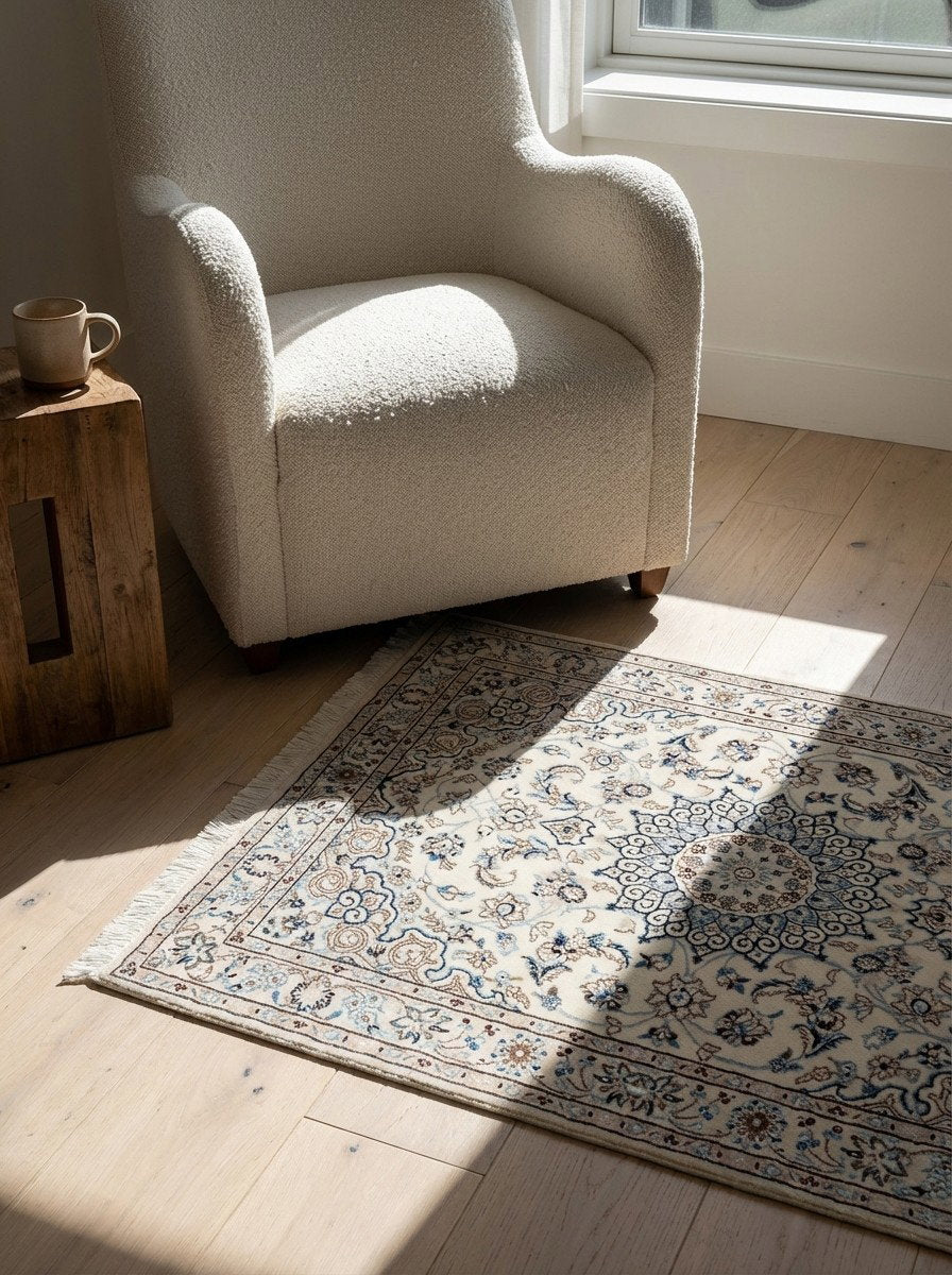 Nain 9La — Handgefertigt, 146x101 cm, Beige, 100% Virgin Wool | Detail view