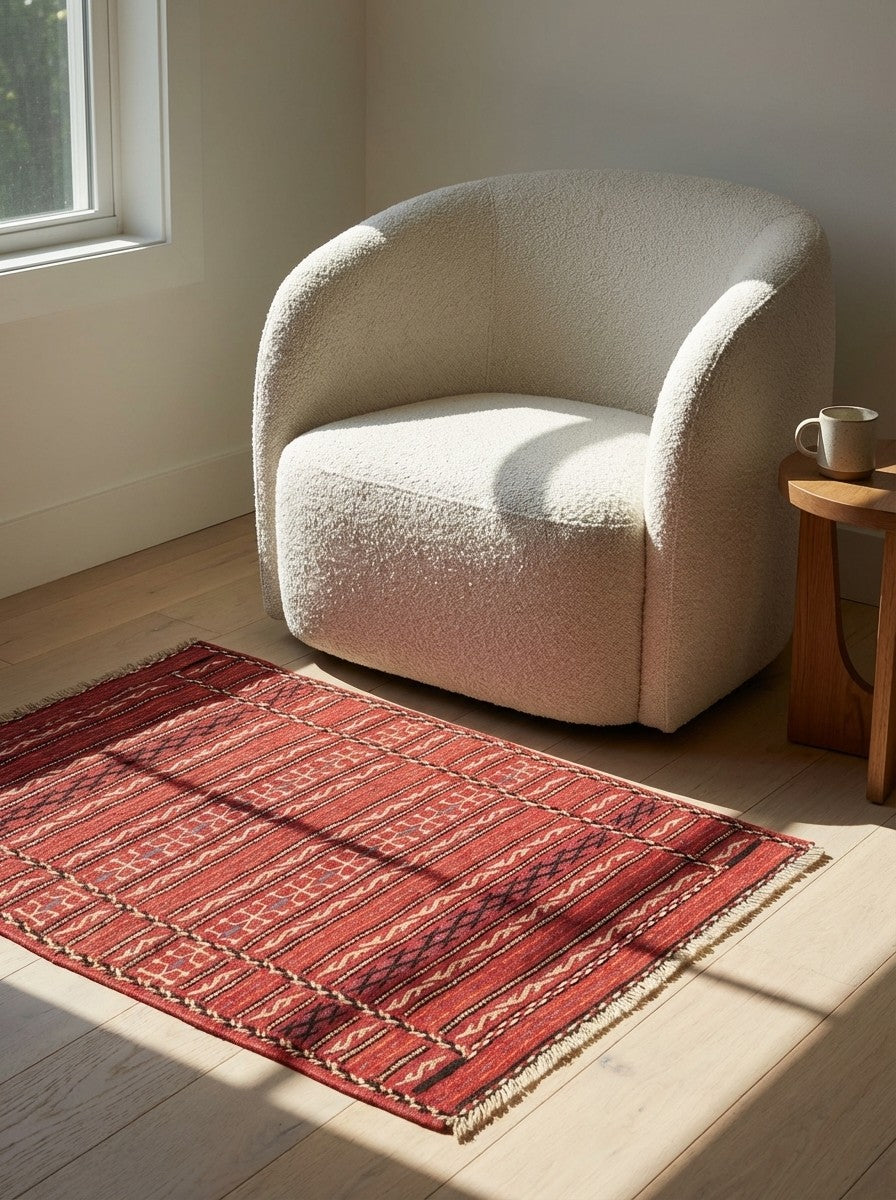 Kelim Kordi — Handmade, 63x89 cm, Red, 100% Virgin Wool | Detail view