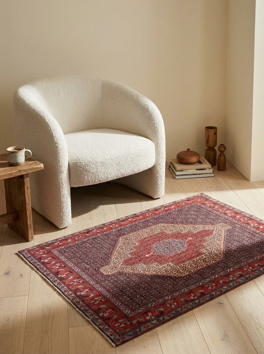 Senneh — Handgefertigt, 155x124 cm, Rot, 100% Virgin Wool | Detail view