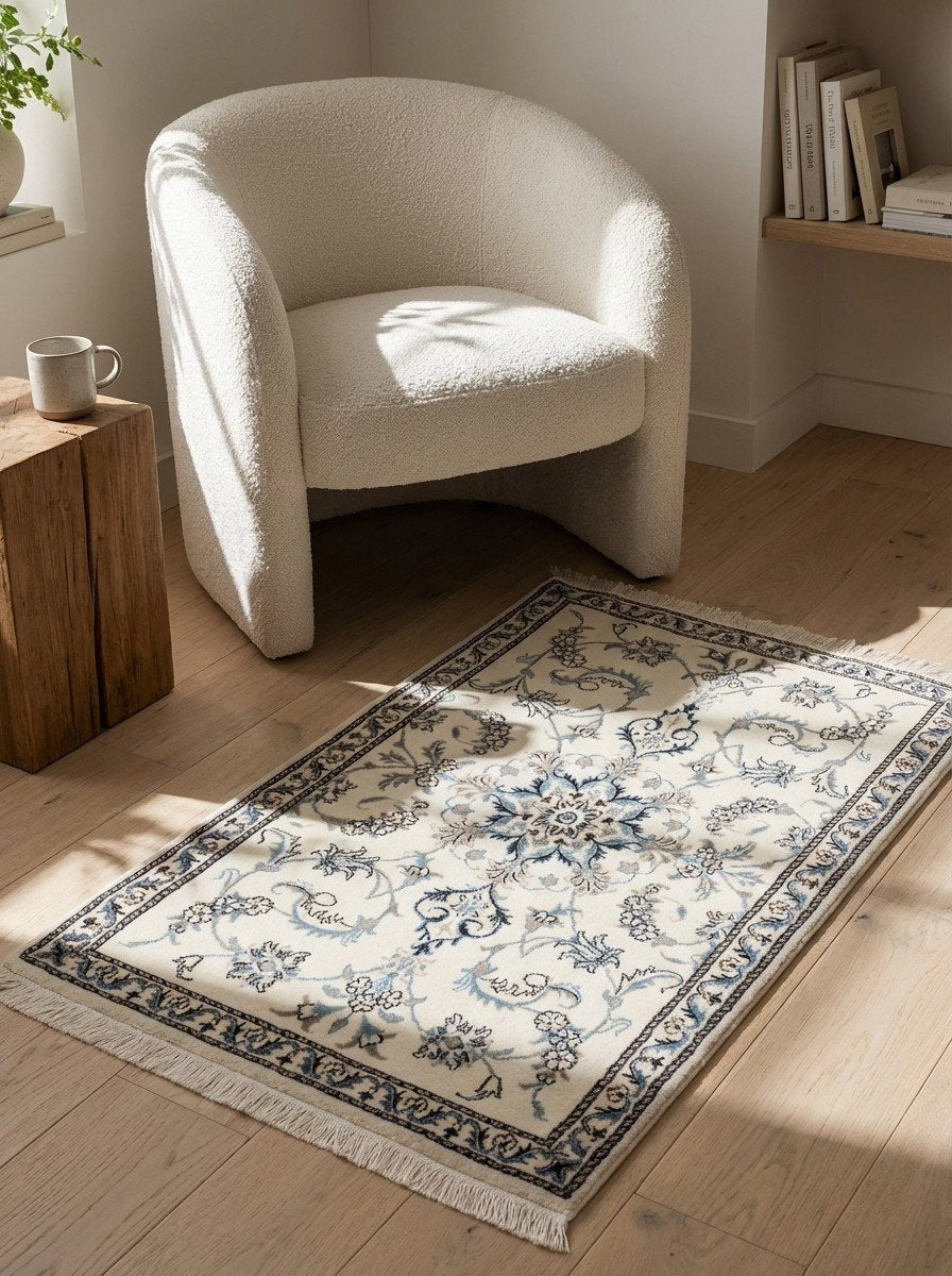 Nain 12La — Handgefertigt, 139x90 cm, Beige, 100% Virgin Wool | Detail view