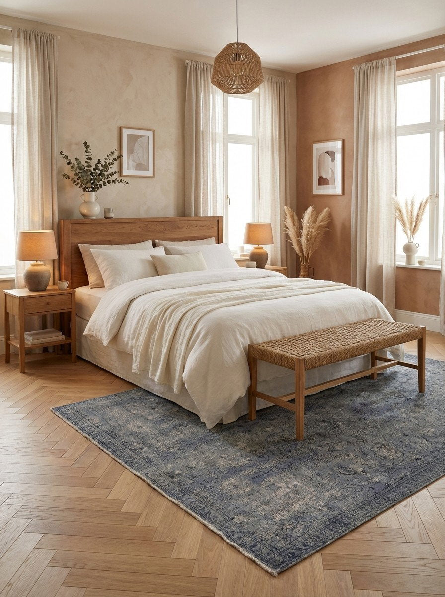 Vintage — Handgefertigt, 322x226 cm, Blau, 100% Virgin Wool | Detail view