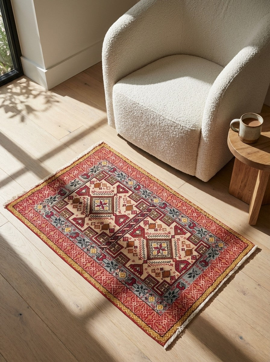 Gashgai — Hand-knotted, 63x92 cm, Beige, 100% Virgin Wool | Detail view