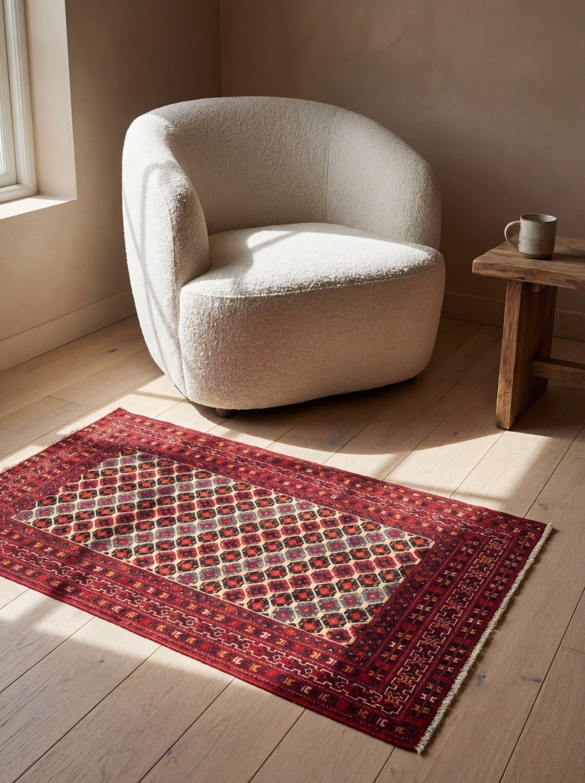 Belutch — Hand-knotted, 126x65 cm, Beige, 100% Virgin Wool | Detail view