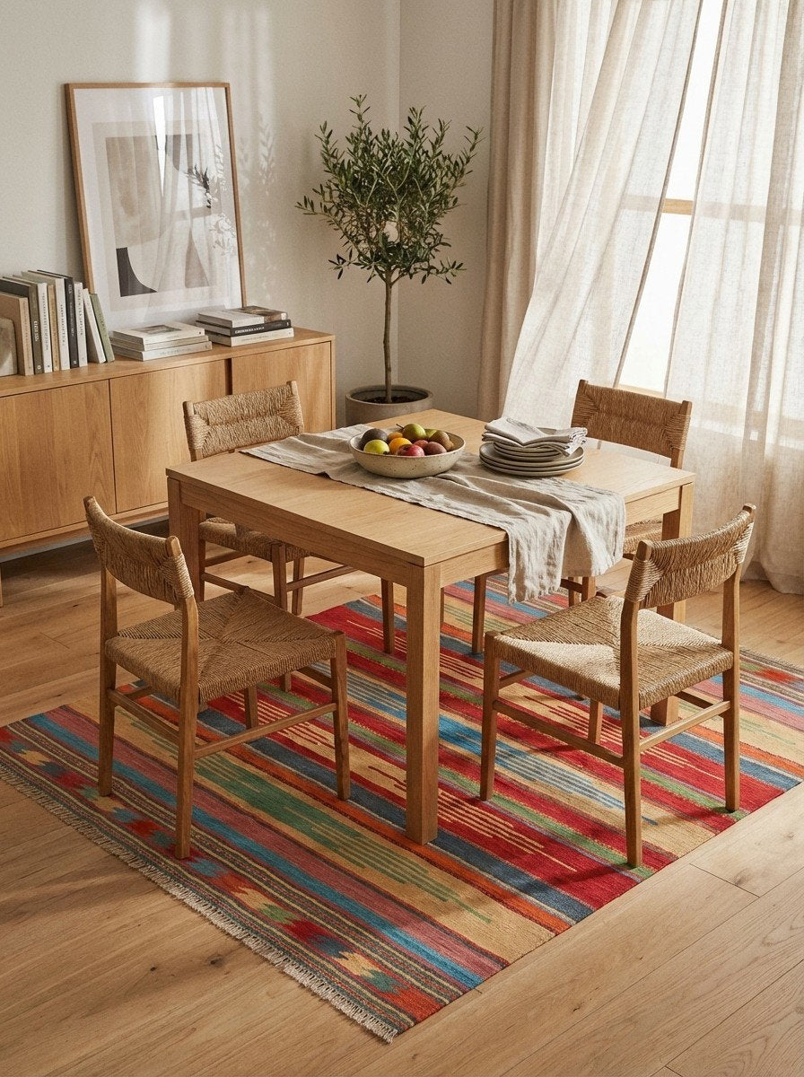 Kelim Gashgai — Handgefertigt, 145x132 cm, Bunt, 100% Virgin Wool | Detail view